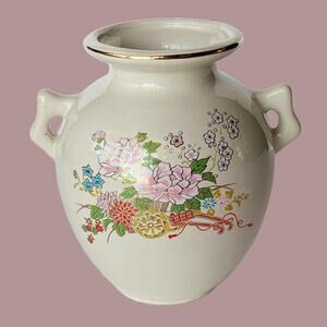 Vintage Handled Urn Vase with Transfer Asian Floral Motif by Sofia Ann